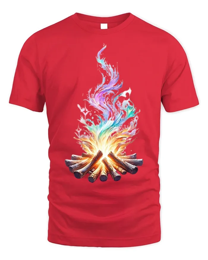 Colorful Flame Campfire Art Printed T-Shirt - red t-shirt on white background