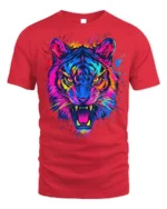Neon Tiger Face Psychedelic Art T-Shirt - red t-shirt on white background