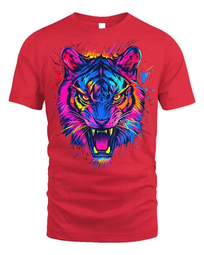 Neon Tiger Face Psychedelic Art T-Shirt - red t-shirt on white background