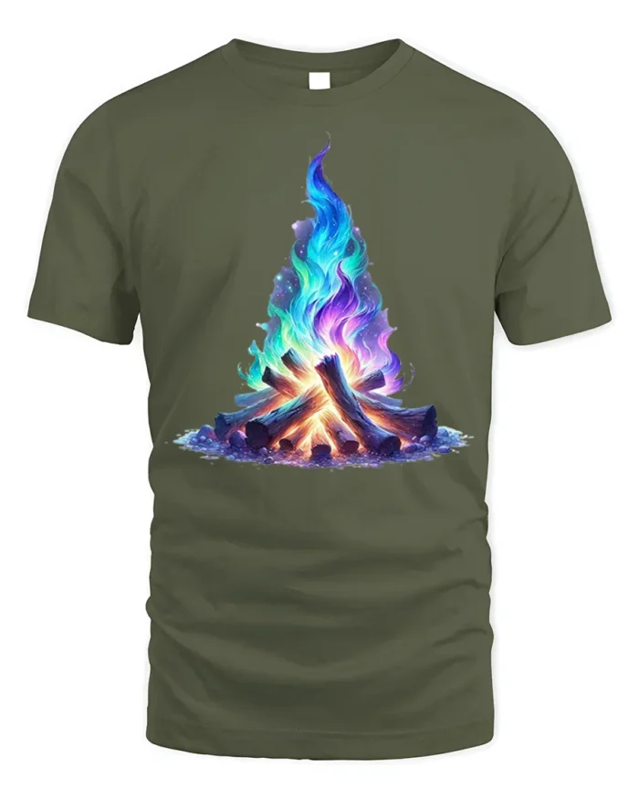 Colorful Galaxy Campfire Art Printed T-Shirt - military green t-shirt on white background