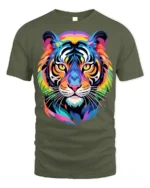 Geometric Rainbow Tiger Face Graphic T-Shirt - military green t-shirt on white background