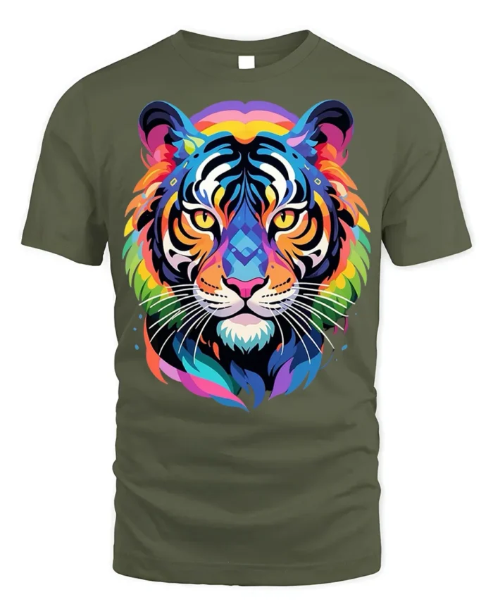 Geometric Rainbow Tiger Face Graphic T-Shirt - military green t-shirt on white background