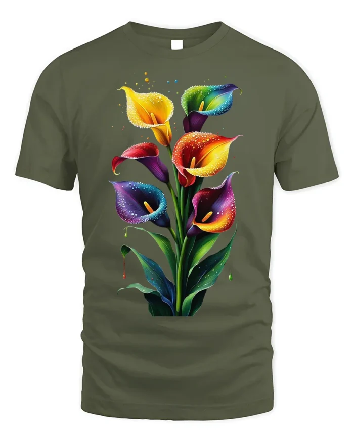 Rainbow Calla Lily Art Print T-Shirt - military green t-shirt on white background