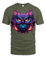 Flaming Owl T-Shirt with Fiery Abstract Art Design - military green t-shirt on white background