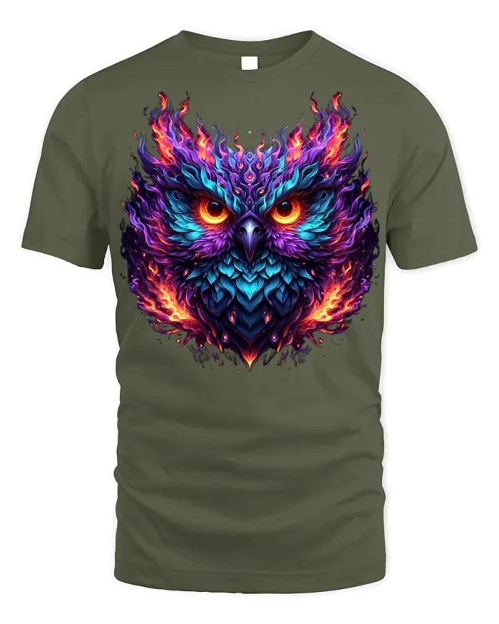 Flaming Owl T-Shirt with Fiery Abstract Art Design - military green t-shirt on white background