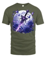 Moon Sword and Blue Rose Fantasy T-Shirt Design - military green t-shirt on white background