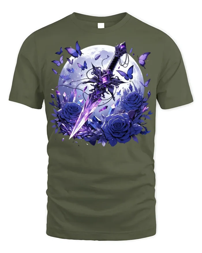 Moon Sword and Blue Rose Fantasy T-Shirt Design - military green t-shirt on white background