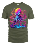 Psychedelic Octopus T-Shirt with Neon Ink Print - military green t-shirt on white background