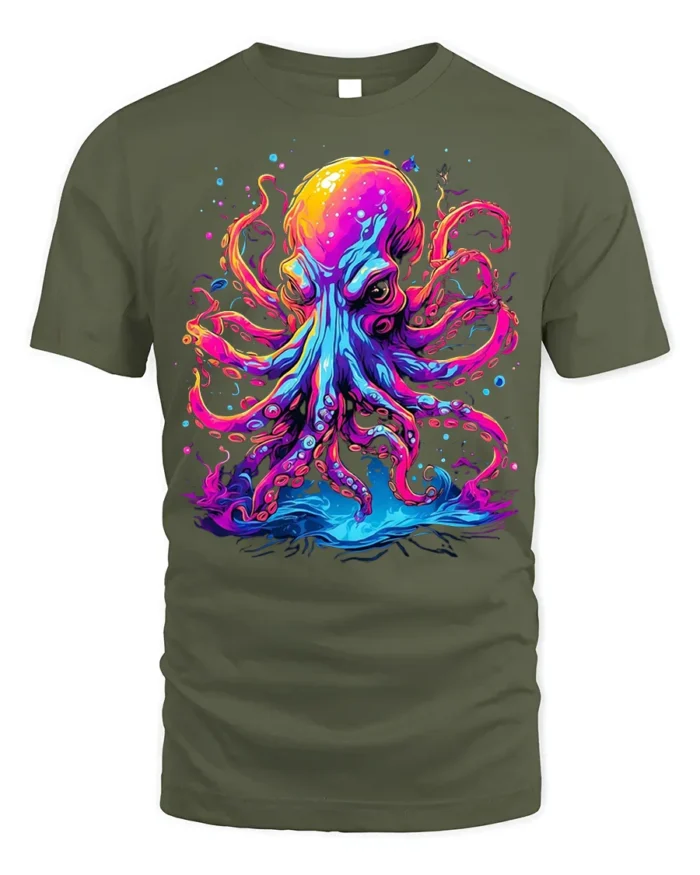 Psychedelic Octopus T-Shirt with Neon Ink Print - military green t-shirt on white background