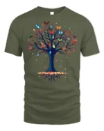Butterfly Tree of Life T-Shirt with Nature Design - military green t-shirt on white background