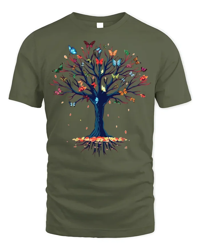Butterfly Tree of Life T-Shirt with Nature Design - military green t-shirt on white background