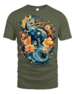 Floral Elephant T-Shirt with Water and Lotus Art - military green t-shirt on white background