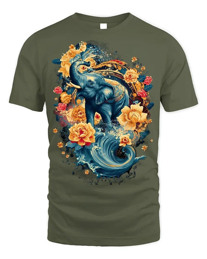 Floral Elephant T-Shirt with Water and Lotus Art - military green t-shirt on white background