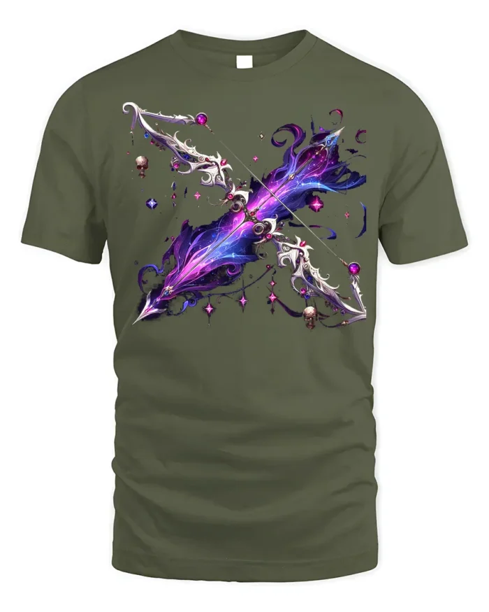 Galaxy Magic Bow T-Shirt with Fantasy Weapon Art - military green t-shirt on white background
