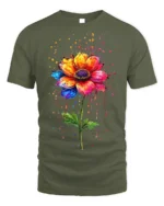 Color Splash Flower T-Shirt with Artistic Design - military green t-shirt on white background