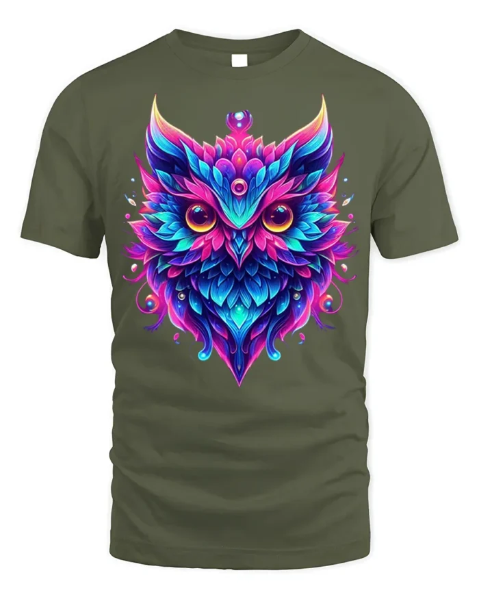 Colorful Owl Spirit Graphic T-Shirt - military green t-shirt on white background