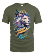 Abstract Colorful Lion Graphic T-Shirt - military green t-shirt on white background