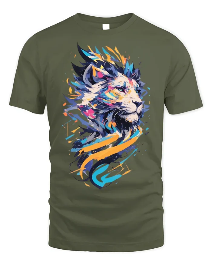 Abstract Colorful Lion Graphic T-Shirt - military green t-shirt on white background