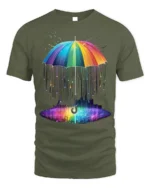 Rainbow Umbrella Abstract Rain Printed T-Shirt - military green t-shirt on white background