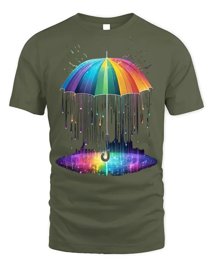 Rainbow Umbrella Abstract Rain Printed T-Shirt - military green t-shirt on white background