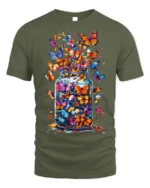 Colorful Butterflies in Jar Graphic T-Shirt - military green t-shirt on white background