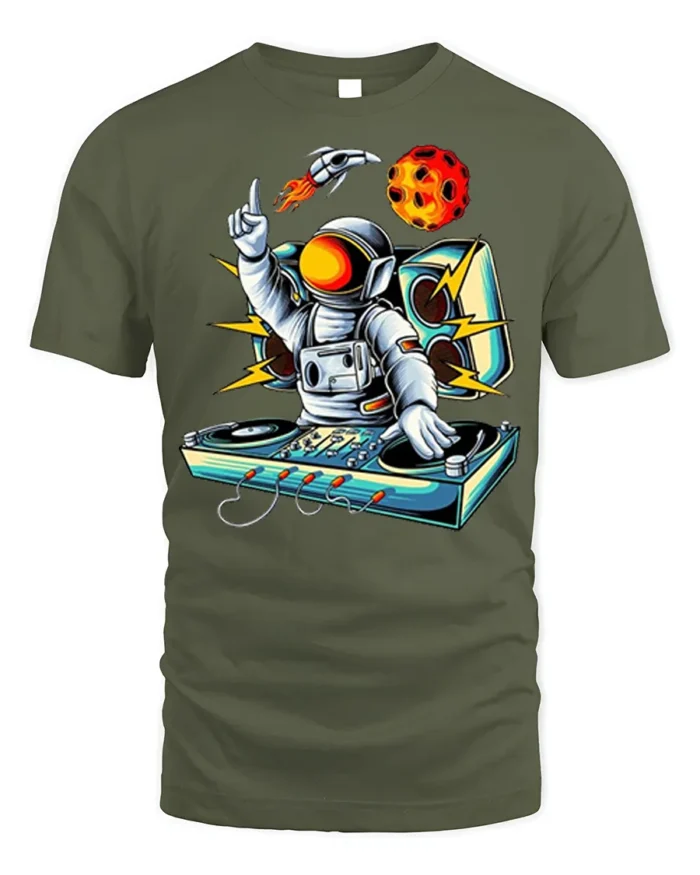 Astronaut DJ Space Music Graphic T-Shirt - military green t-shirt on white background