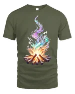 Colorful Flame Campfire Art Printed T-Shirt - military green t-shirt on white background