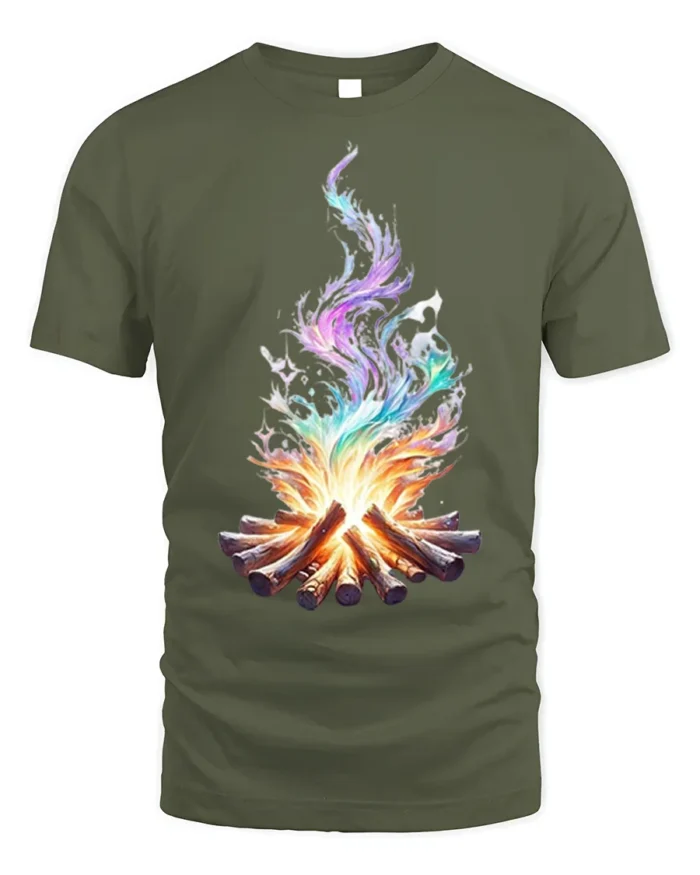 Colorful Flame Campfire Art Printed T-Shirt - military green t-shirt on white background