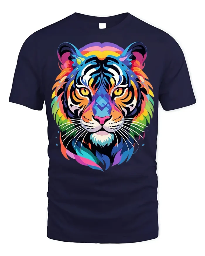 Geometric Rainbow Tiger Face Graphic T-Shirt - navy t-shirt on white background