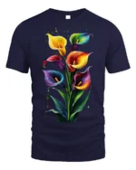 Rainbow Calla Lily Art Print T-Shirt - navy t-shirt on white background