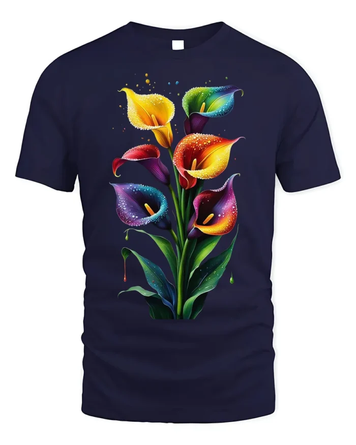Rainbow Calla Lily Art Print T-Shirt - navy t-shirt on white background