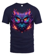 Flaming Owl T-Shirt with Fiery Abstract Art Design - navy t-shirt on white background