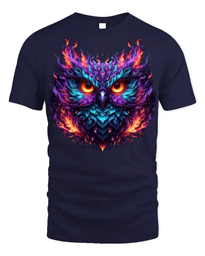 Flaming Owl T-Shirt with Fiery Abstract Art Design - navy t-shirt on white background