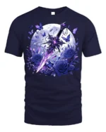 Moon Sword and Blue Rose Fantasy T-Shirt Design - navy t-shirt on white background