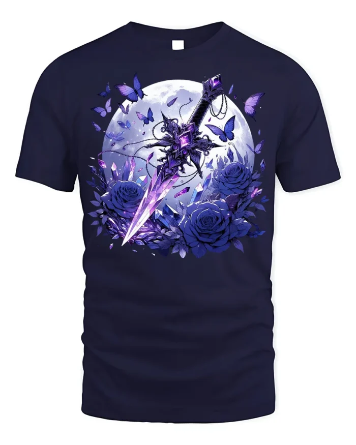 Moon Sword and Blue Rose Fantasy T-Shirt Design - navy t-shirt on white background