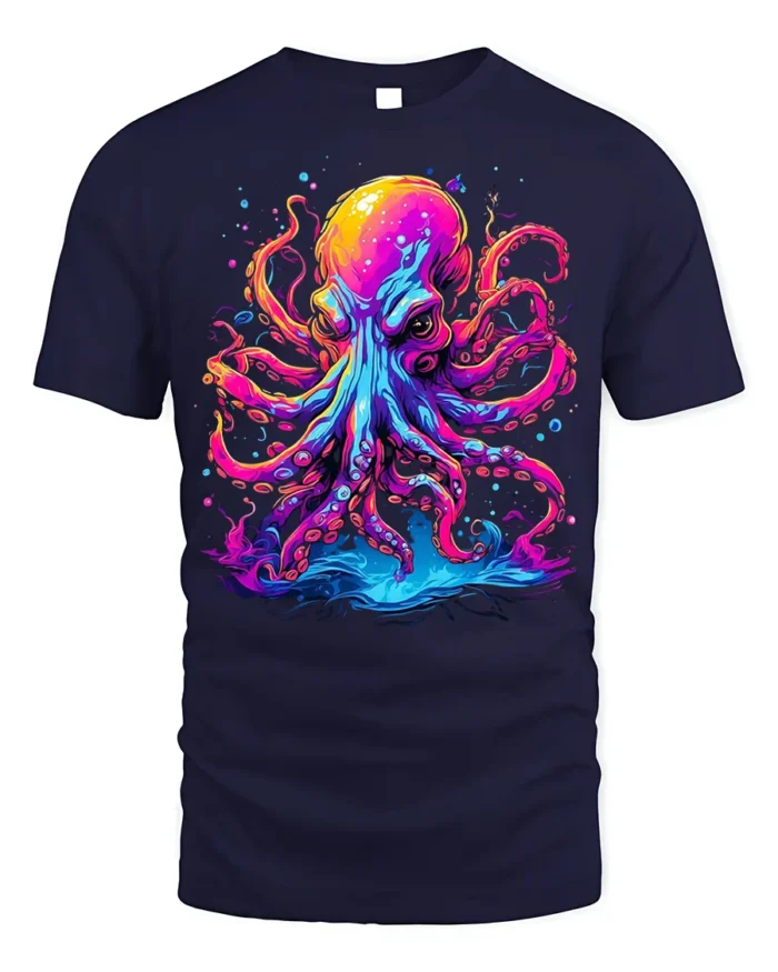 Psychedelic Octopus T-Shirt with Neon Ink Print - navy t-shirt on white background