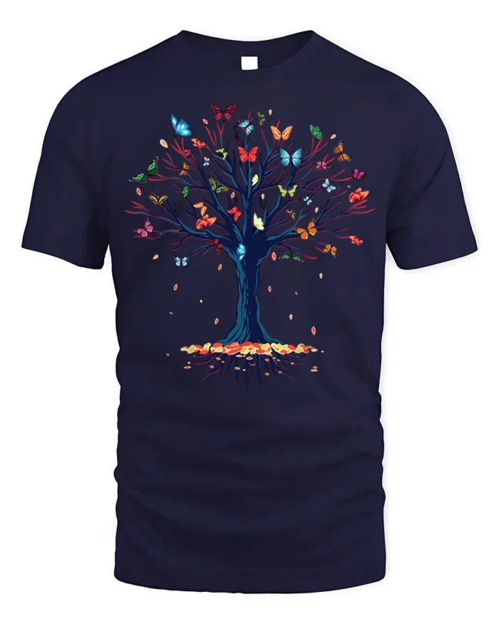 Butterfly Tree of Life T-Shirt with Nature Design - navy t-shirt on white background