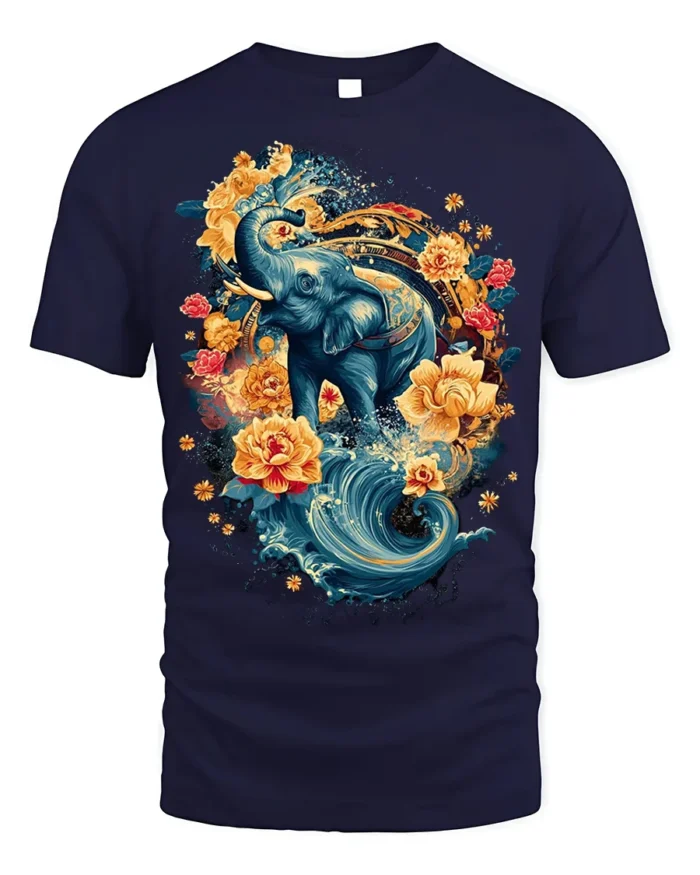 Floral Elephant T-Shirt with Water and Lotus Art - navy t-shirt on white background