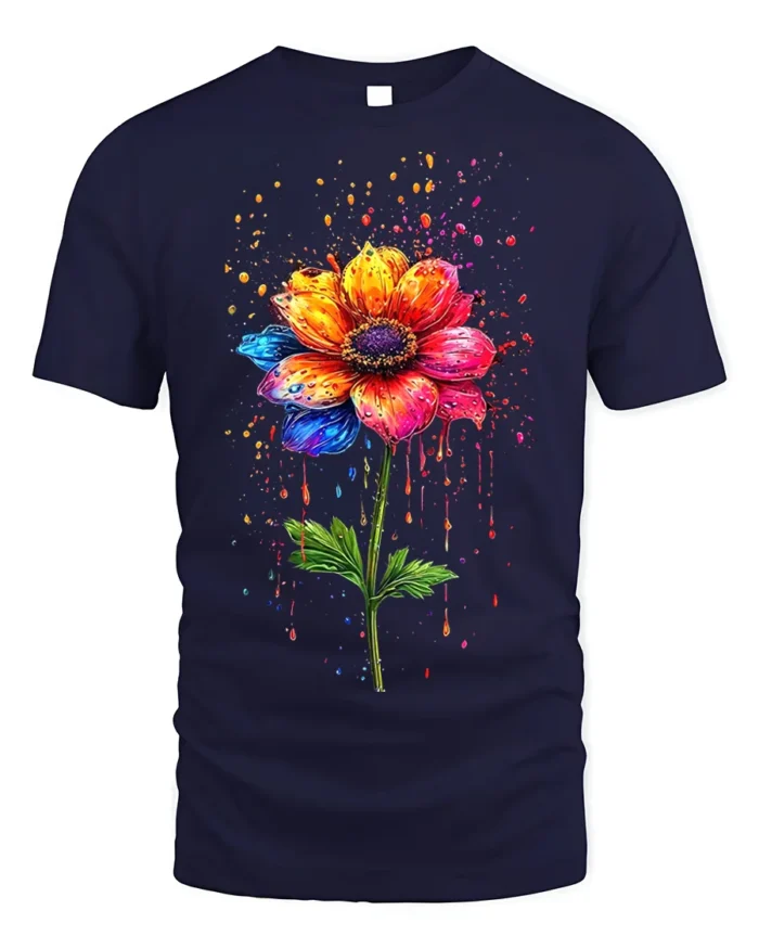 Color Splash Flower T-Shirt with Artistic Design - navy t-shirt on white background