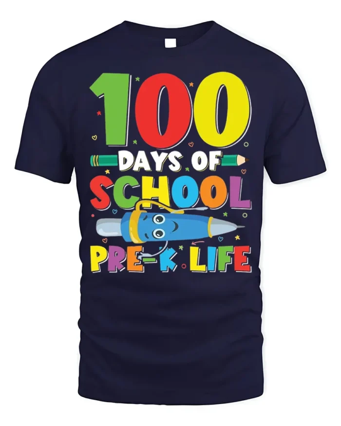 100 Days of School Pre-K Life T-Shirt - navy t-shirt on white background