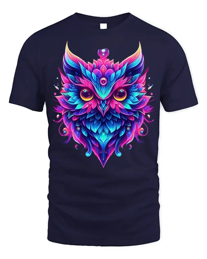 Colorful Owl Spirit Graphic T-Shirt - navy t-shirt on white background