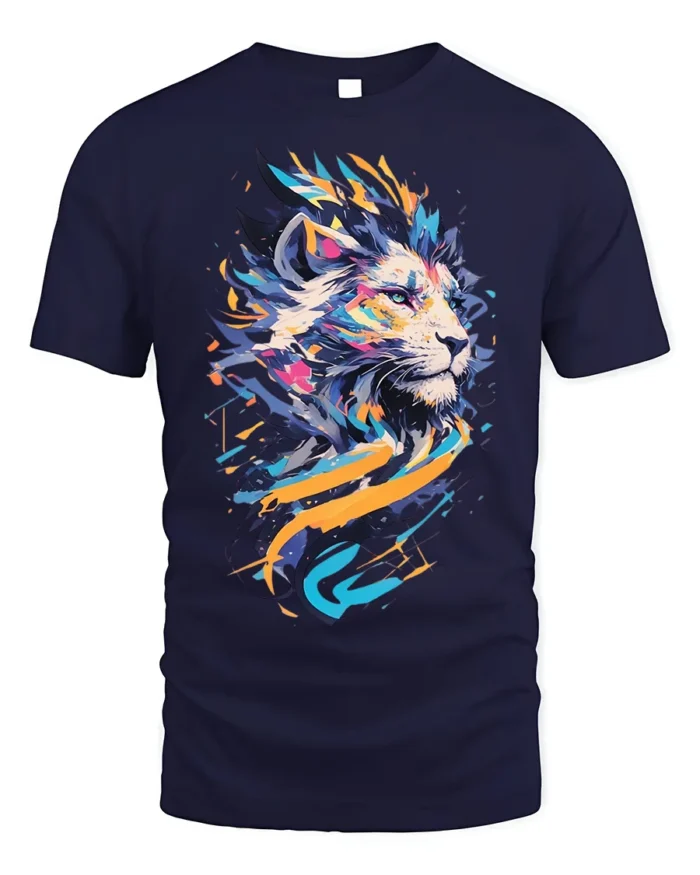 Abstract Colorful Lion Graphic T-Shirt - navy t-shirt on white background