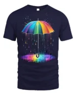 Rainbow Umbrella Abstract Rain Printed T-Shirt - navy t-shirt on white background