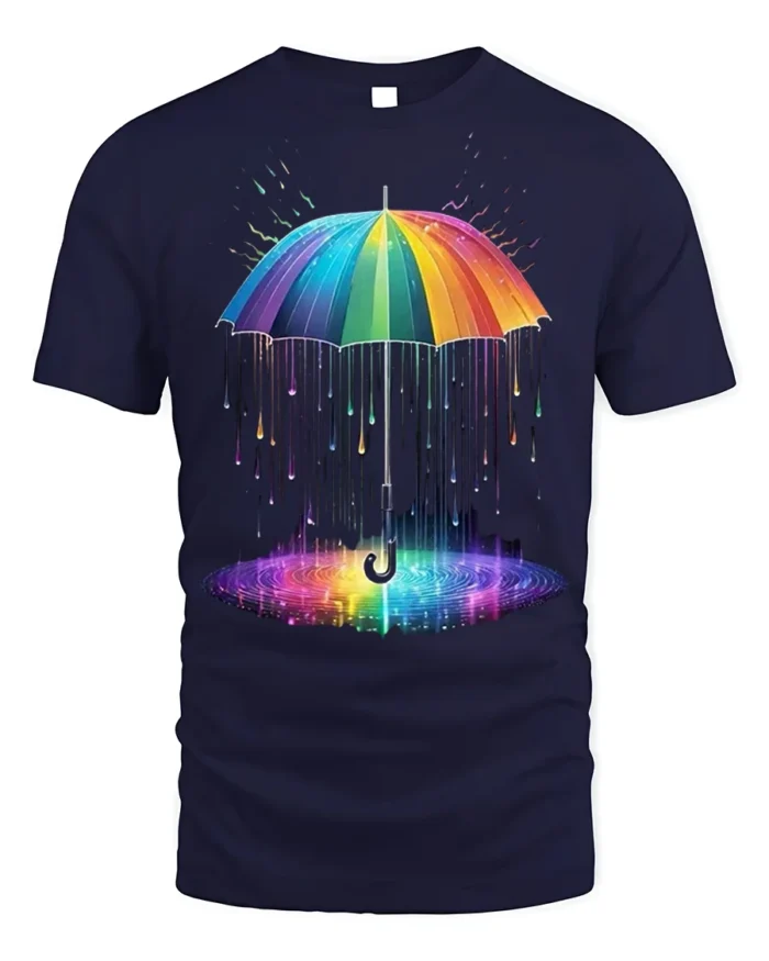 Rainbow Umbrella Abstract Rain Printed T-Shirt - navy t-shirt on white background