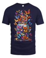 Colorful Butterflies in Jar Graphic T-Shirt - navy t-shirt on white background