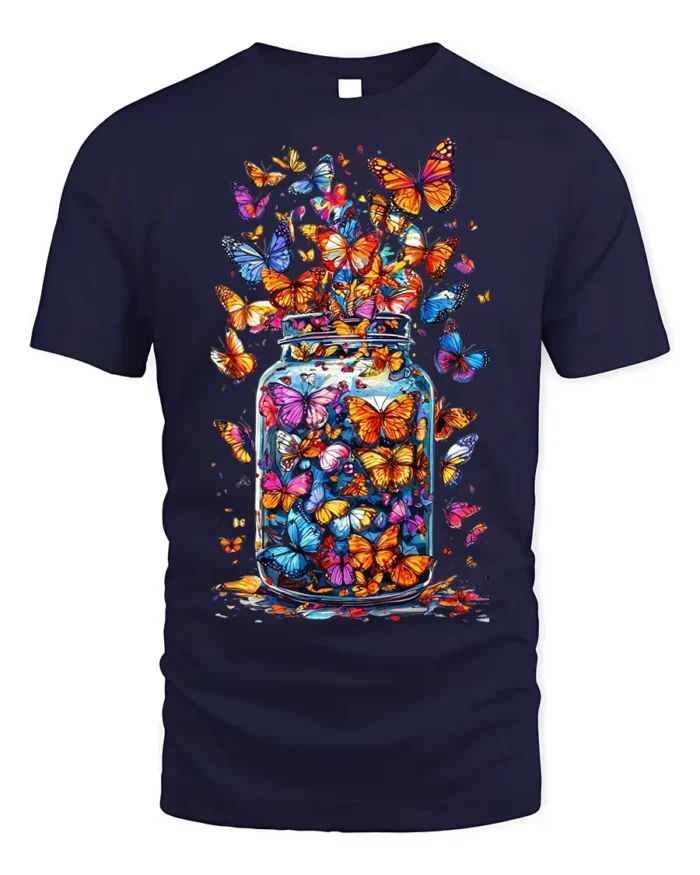 Colorful Butterflies in Jar Graphic T-Shirt - navy t-shirt on white background