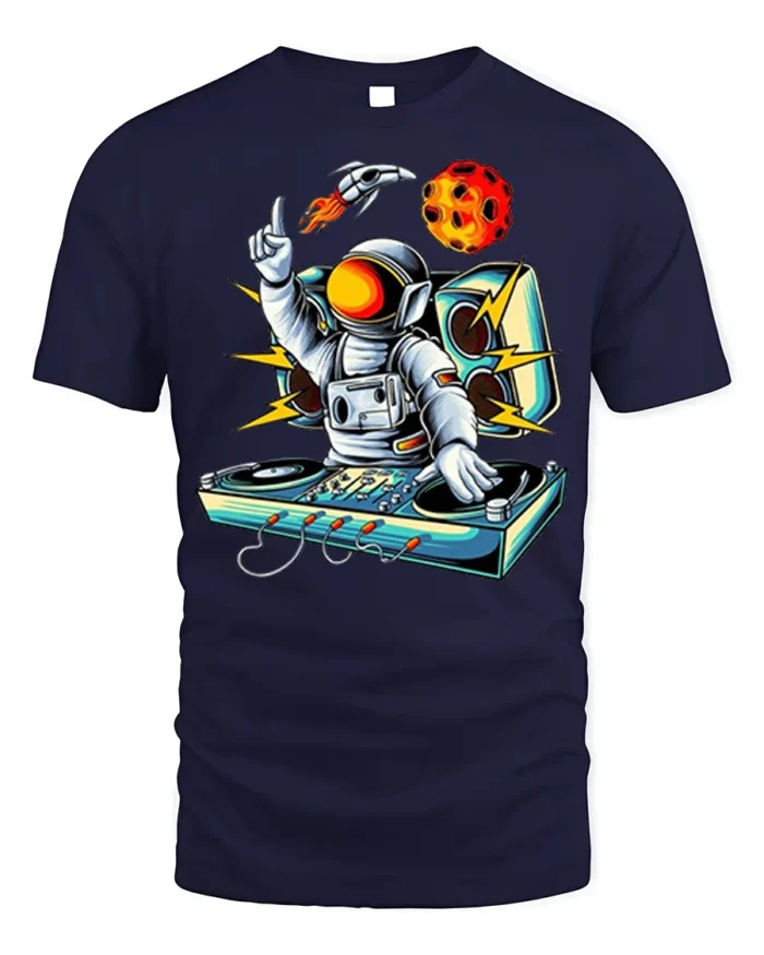 Astronaut DJ Space Music Graphic T-Shirt - navy t-shirt on white background