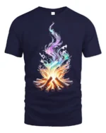 Colorful Flame Campfire Art Printed T-Shirt - navy t-shirt on white background