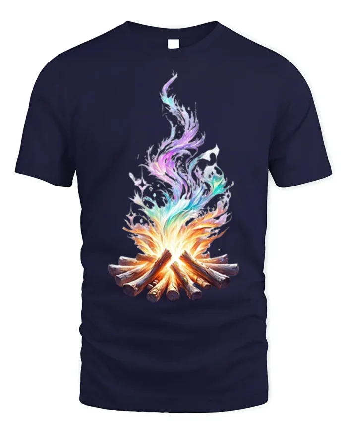 Colorful Flame Campfire Art Printed T-Shirt - navy t-shirt on white background
