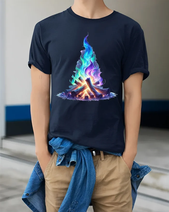 Colorful Galaxy Campfire Art Printed T-Shirt - model wearing navy shirt, hands in pockets